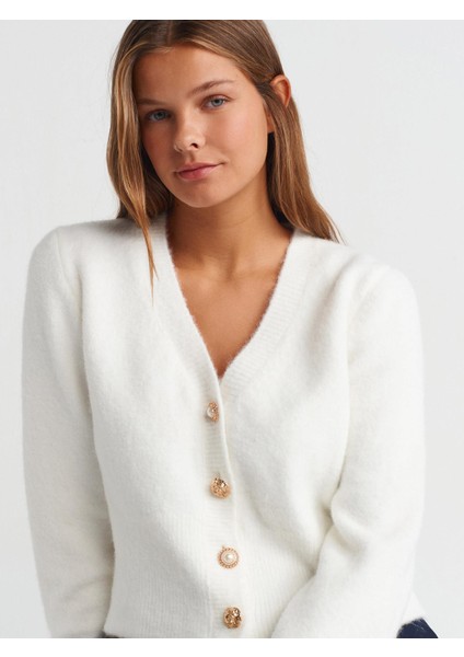 60273 Kadın V Yaka Düğmeli Triko Hırka