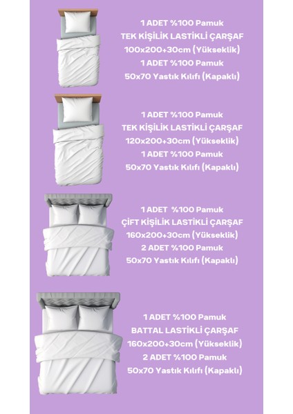 Cemeteks Firuze %100 Pamuk Doğal Tek Kişilik Ranforce Kumaş Lastikli Çarşaf + Yastık Kılıfı Seti /100X200/120X200/ 30CM Yükseklik modelleri