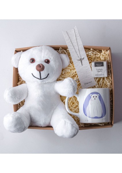 Peluş Beyaz Ayıcık - Özel Tasarım Baskılı Kupa - Turkish Black Tea - Melek Model Kolye Hediye Seti