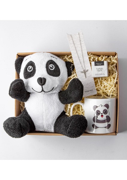 Peluş Panda- Özel Tasarım Baskılı Kupa - Turkish Black Tea - Melek Model Kolye Hediye Seti