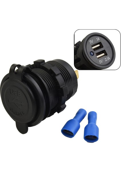 SE-2406 Su Geçirmez Kapaklı 12-24V Çift USB Tekne Araba Şarj Soketi 2'li 5V/1A - 5V/2.1A USB Şarj