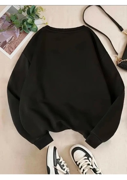 Gökkuşağı Renkli Kalp Baskılı 2 Iplik Şardonlu Bisiklet Yaka Swatshirt