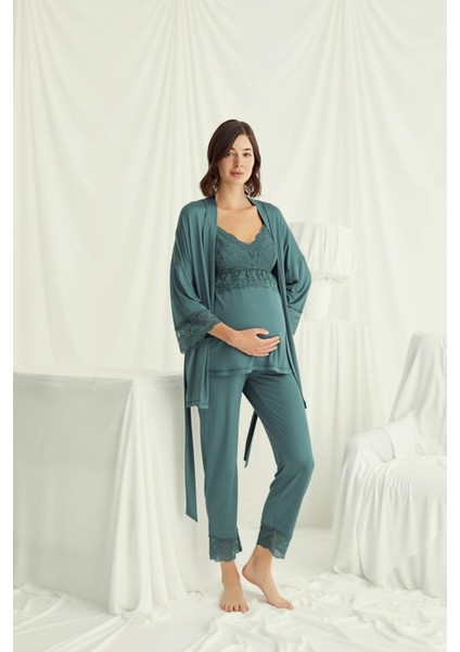 Kadın Dantelli Hamile Lohusa 3'lü Pijama Takımı