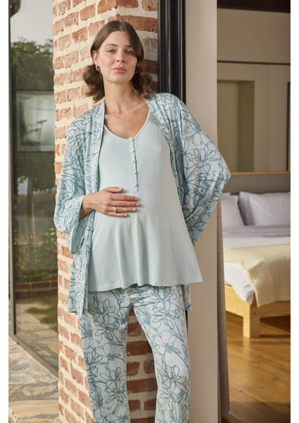 Kadın Yaprak Desenli Dantelli Hamile Lohusa 3'lü Pijama Takımı