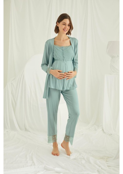 Kadın Açık Yeşil Dantelli Önü Düğmeli Hamile Lohusa 3'lü Sabahlıklı Pijama Takımı