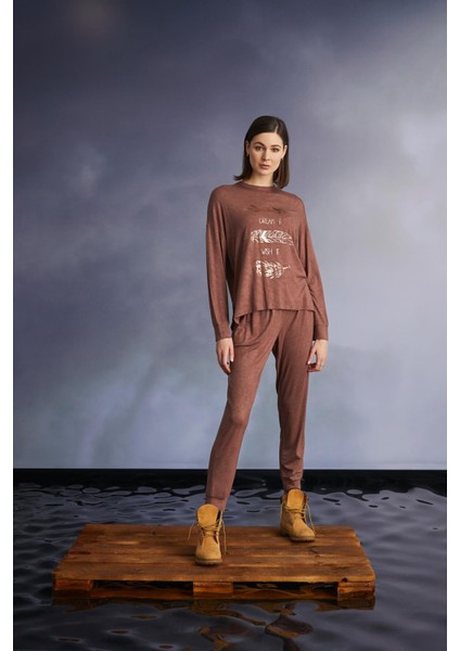 Kadın Baskılı Örme Kumaş Uzun Kol Pijama Takımı