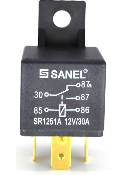 Mini Röle 12V 30-20A 5 Uçlu 2 Platinli Sanel Mini Röle 30-87-87A-86-85