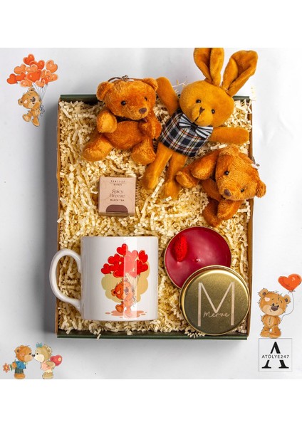 Kişiye Özel Best Friends Hediye Seti- 2 Adet Ayıcık Anahtarlık- Tavşan Anahtarlık- Gold Mum- Tea Bag Müslin Çay- Özel Tasarım Baskılı Kupa