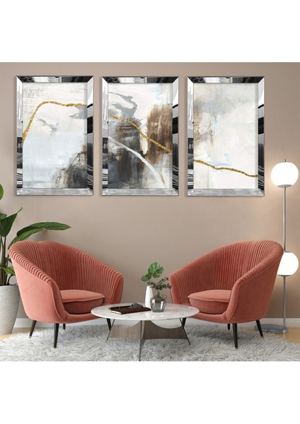 Soyut Desen Gold Pleksi Kenar 3'lü Mdf Tablo ve Saat Kombin