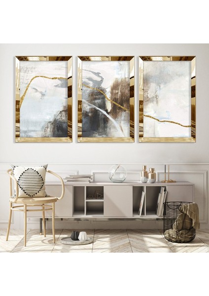 Soyut Desen Gold Pleksi Kenar 3'lü Mdf Tablo ve Saat Kombin fiyatları