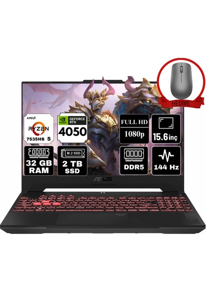 Tuf Gaming A15 Amd Ryzen 5 7535HS 32GB 2tb SSD RTX4050/6GB W11H 15.6" Fhd Taşınabilir Bilgisayar FA507NU-A47 & Anzar Mouse