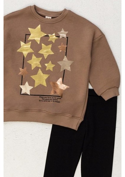 Parlak Yıldız Desenli Sweat Fitilli Kaşkorse Taytlı 2'li Alt Üst Kız Çocuk Takım 9608