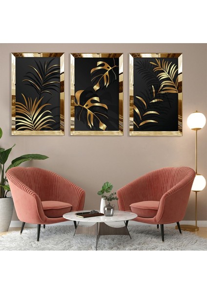 Altın Bitki Soyut Desen Gold Pleksi Kenar 3'lü Mdf Tablo