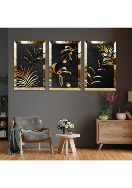 Altın Bitki Soyut Desen Gold Pleksi Kenar 3'lü Mdf Tablo