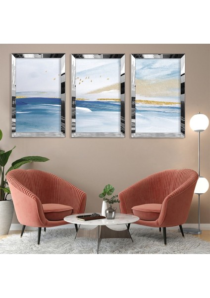 Deniz Soyut Desen Gold Pleksi Kenar 3'lü Mdf Tablo