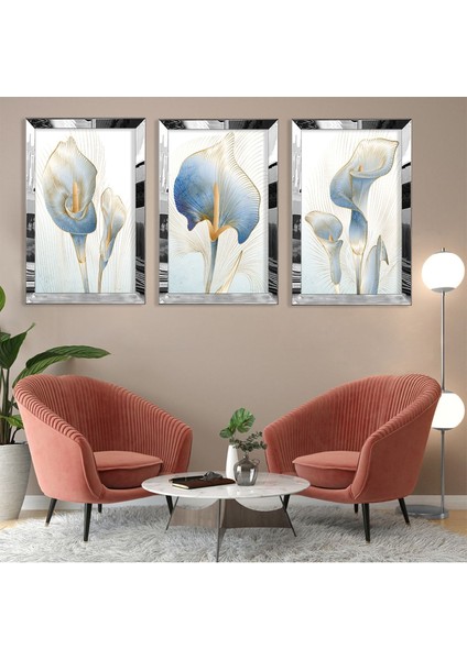 Çiçek Soyut Desen Gold Pleksi Kenar 3'lü Mdf Tablo