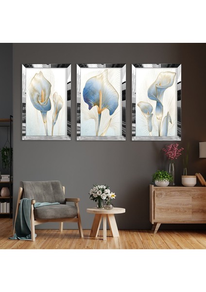 Çiçek Soyut Desen Gold Pleksi Kenar 3'lü Mdf Tablo fiyatları