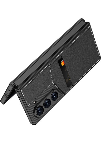 Samsung Galaxy Z Fold 6 Kılıf Karbon Fiber Deri Kartlıklı Kıpta Dik Açılan Kartlıklı Kapak - Siyah
