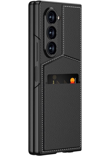 Samsung Galaxy Z Fold 6 Kılıf Karbon Fiber Deri Kartlıklı Kıpta Dik Açılan Kartlıklı Kapak - Siyah