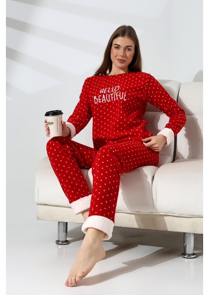 Hello Beautiful Nakış Detaylı Raporlu Polar Kadın Pijama Takımı VG078