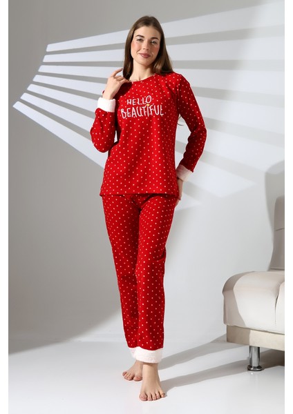 Hello Beautiful Nakış Detaylı Raporlu Polar Kadın Pijama Takımı VG078