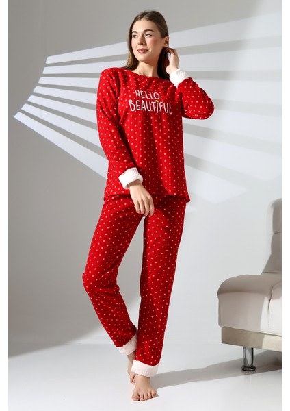 Hello Beautiful Nakış Detaylı Raporlu Polar Kadın Pijama Takımı VG078