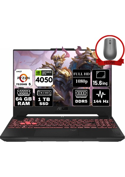 Tuf Gaming A15 Amd Ryzen 5 7535HS 64GB 1tb SSD RTX4050/6GB Freedos 15.6" Fhd Taşınabilir Bilgisayar FA507NU-A26 & Anzar Mouse