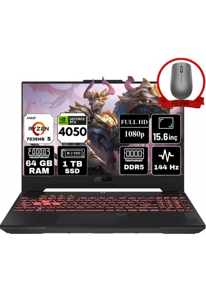 Tuf Gaming A15 Amd Ryzen 5 7535HS 64GB 1tb SSD RTX4050/6GB W11P 15.6" Fhd Taşınabilir Bilgisayar FA507NU-A90 & Anzar Mouse