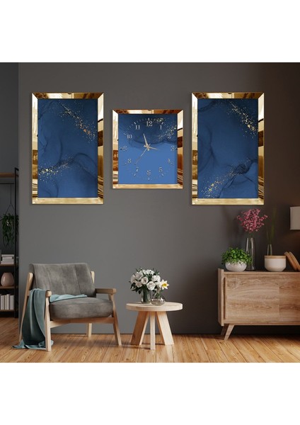 Mavi Soyut Desen Gold Pleksi Kenar 3'lü Mdf Tablo fiyatları