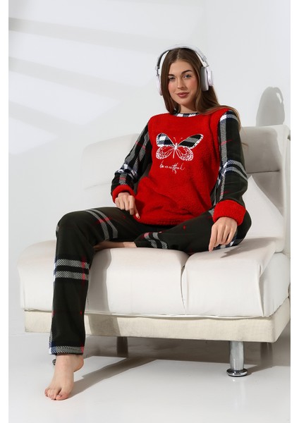 Kelebek Nakış Detaylı Önü Soft Polar Kadın Pijama Takımı VG076