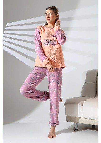 Love Kalp Nakış Detaylı Önü Soft Polar Kadın Pijama Takımı VG077