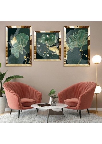 Yeşil Çiçek Soyut Desen Gold Pleksi Kenar 3'lü Mdf Tablo