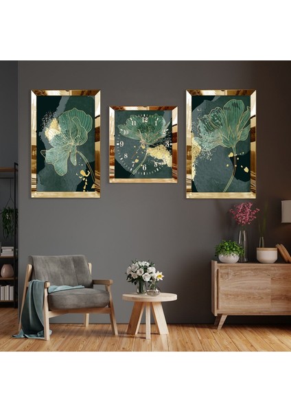 Yeşil Çiçek Soyut Desen Gold Pleksi Kenar 3'lü Mdf Tablo fiyatları