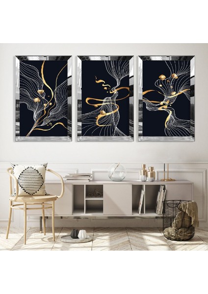 Soyut Desen Gümüş Pleksi Kenar 3'lü Mdf Tablo