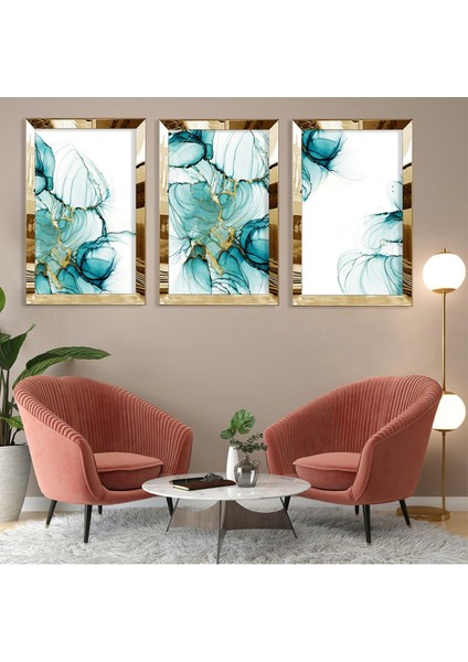 Mavi Çiçek Kolaj Gold Pleksi Kenar 3'lü Mdf Tablo