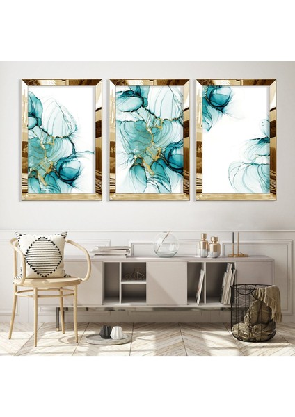 Mavi Çiçek Kolaj Gold Pleksi Kenar 3'lü Mdf Tablo fiyatları