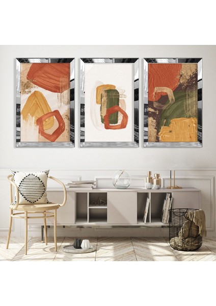 Soyut Desen Boya Gümüş Pleksi Kenar 3'lü Mdf Tablo