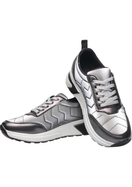 Kadın Günlük Rahat Comfort Taban Parlak Spor Sneaker Ayakkabı Gümüş
