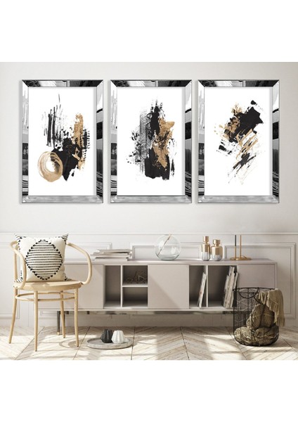 Soyut Desen Boya Gümüş Pleksi Kenar 3'lü Mdf Tablo