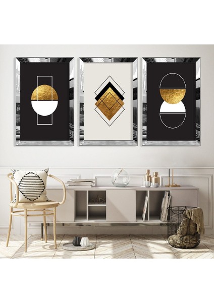 Soyut Desen Şekiller Gold Pleksi Kenar 3'lü Mdf Tablo