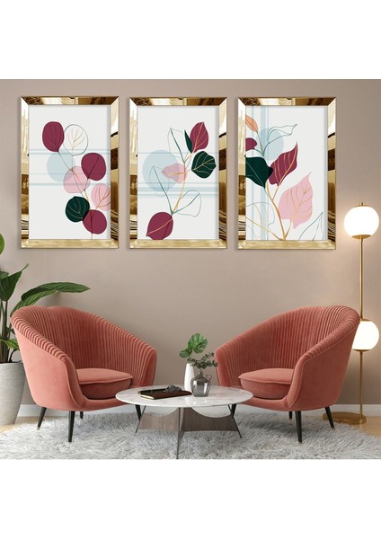 Soyut Desen Yaprak Gümüş Pleksi Kenar 3'lü Mdf Tablo