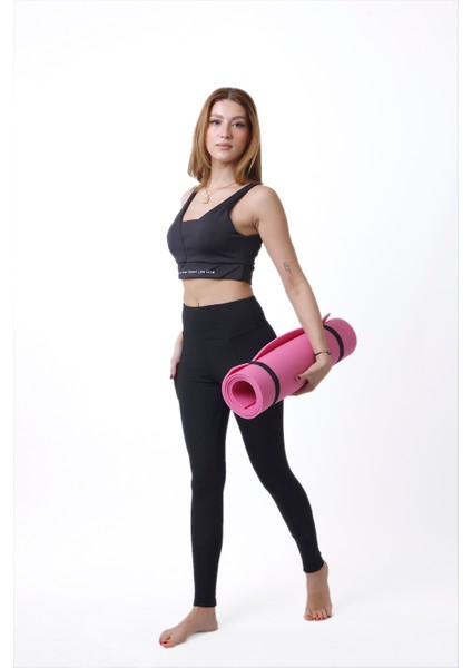 Looksense Kadın Siyah Yüksek Bel Çift Cepli Toparlayıcı Fitness Spor Tayt 1005