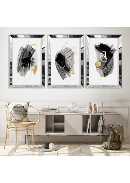 Soyut Desen Gümüş Pleksi Kenar 3'lü Mdf Tablo