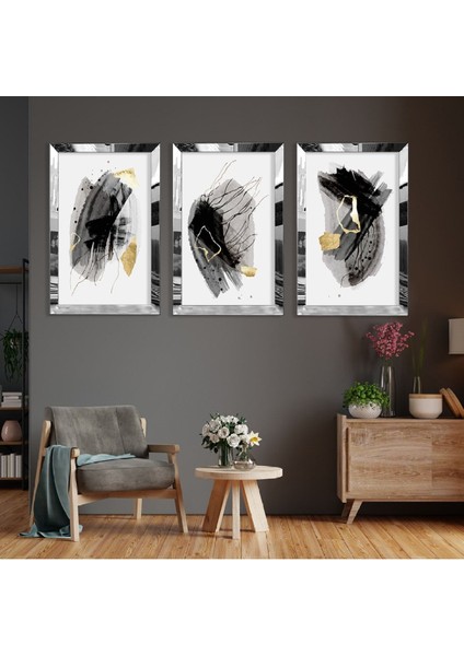 Soyut Desen Gümüş Pleksi Kenar 3'lü Mdf Tablo fiyatları