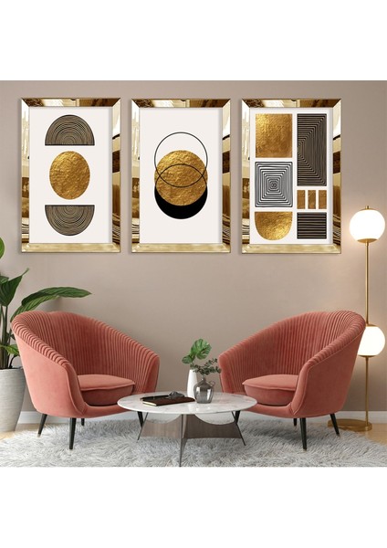 Soyut Desen Şekiller Gold Pleksi Kenar 3'lü Mdf Tablo ve Saat Kombin
