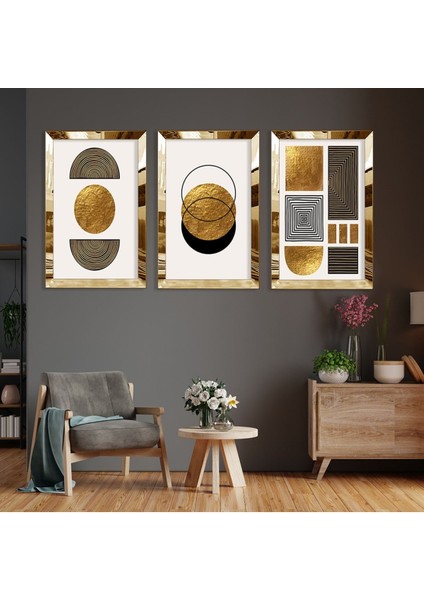Soyut Desen Şekiller Gold Pleksi Kenar 3'lü Mdf Tablo ve Saat Kombin fiyatları