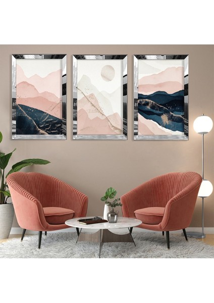 Soyut Desen Dağ Gümüş Pleksi Kenar 3'lü Mdf Tablo