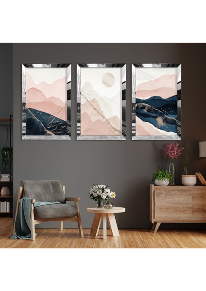 Soyut Desen Dağ Gümüş Pleksi Kenar 3'lü Mdf Tablo fiyatları