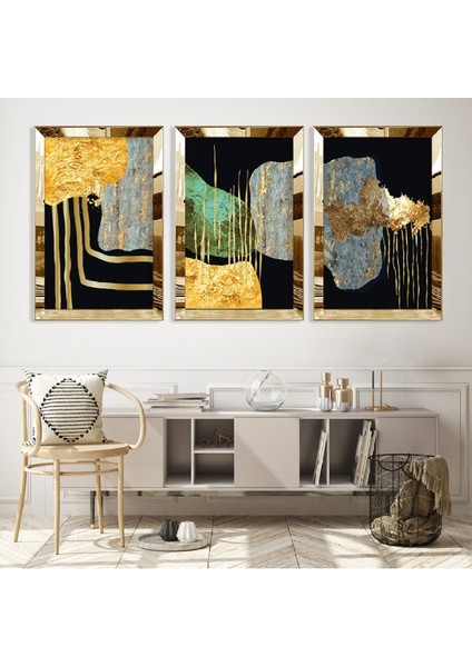 Soyut Desen Yaprak Gold Pleksi Kenar 3'lü Mdf Tablo