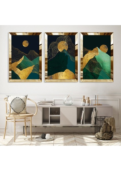 Soyut Desen Dağ Gümüş Pleksi Kenar 3'lü Mdf Tablo